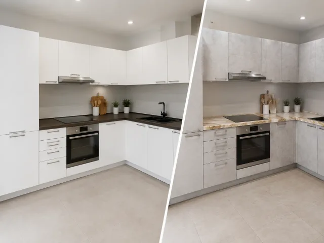 Keuken gewrapt van wit naar betonlook folie, render ter illustratie