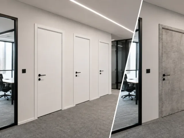 Kantoordeuren gewrapt van wit naar betonlook folie, render ter illustratie